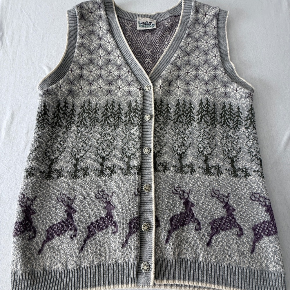 Northern Reflections Sweater Vest Womens M Grey Reindeer Fair Isle Knit V-Neck
